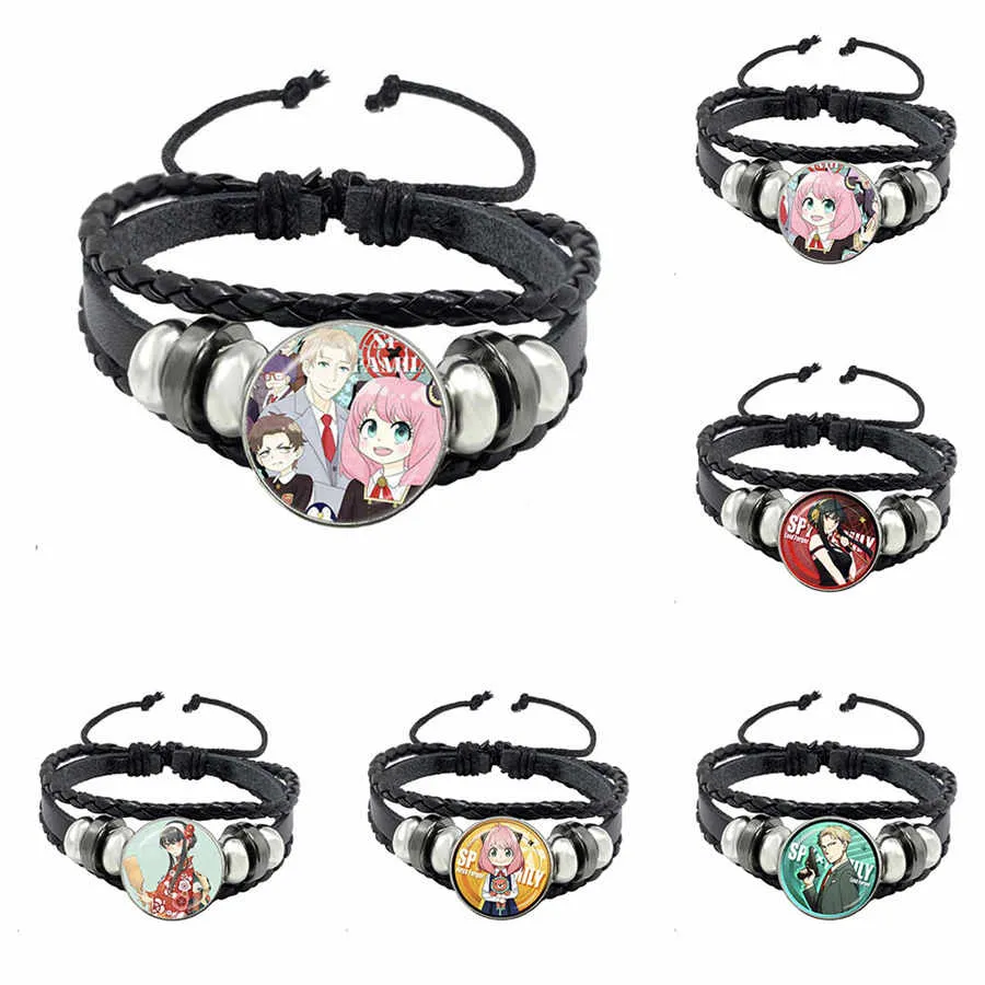 Anime SPY FAMILY Leather Bracelet Cute Figures Twilight Yor Forger Anya Forger Charm Glass Cabochon Punk Braided Bangles Jewelry