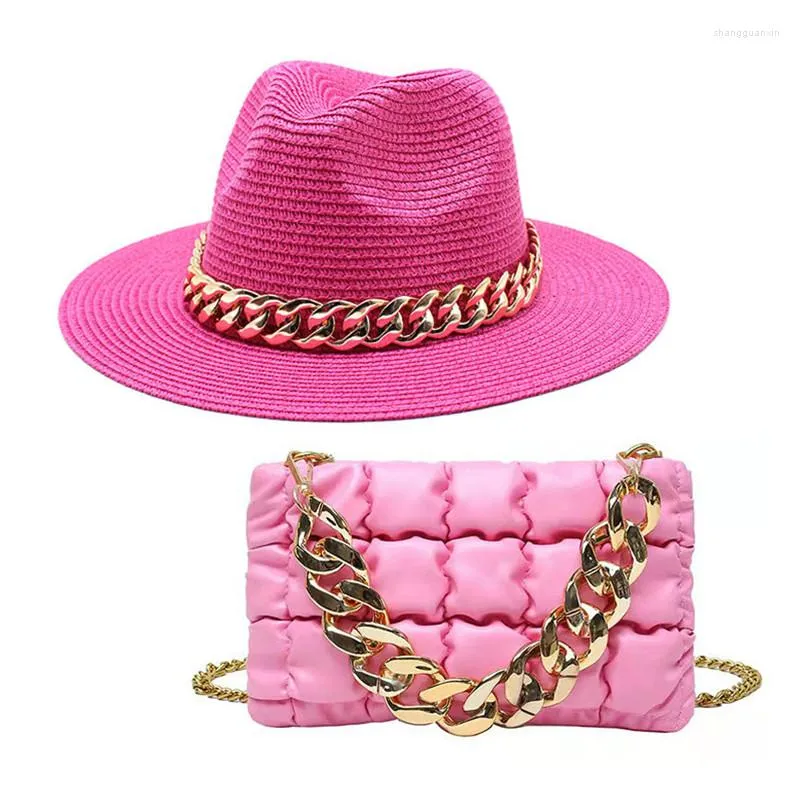 Berets Set Straw Hat And Bag Gold Chain Ladies Leather Tote Fedora Party Jazz HatBerets BeretsBerets