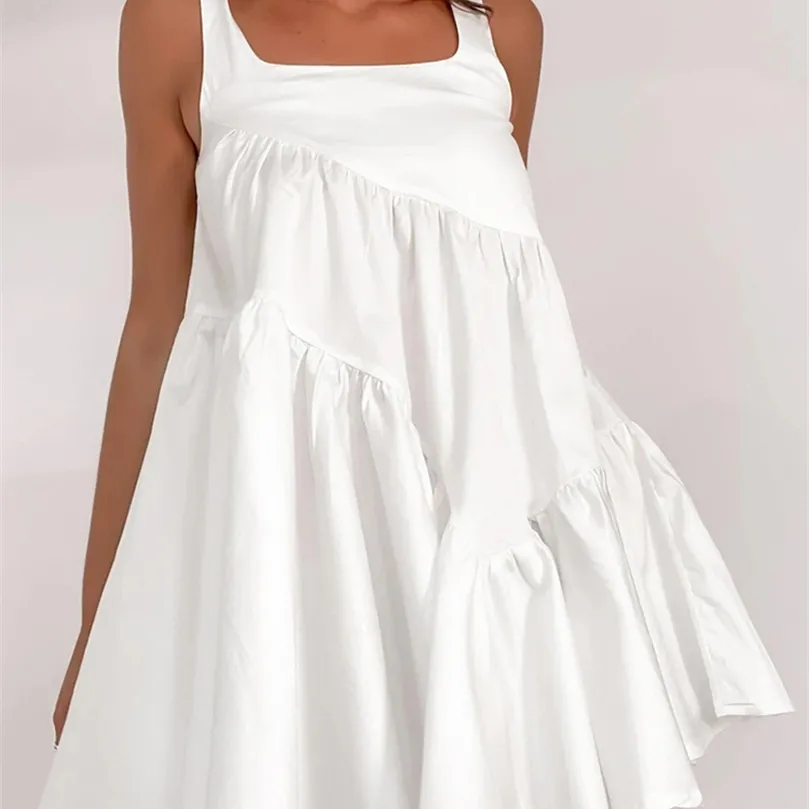 OOTN Summer Mini Mini Doll Платье сладкое A-Line Белое танк-квадратный платье с вырезом Женщина свободно белое праздничное платье пляжа, дамы 220511