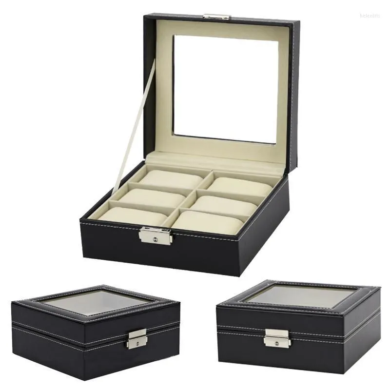 Watch Boxes & Cases Double Row 6 Bits Black Leather Box Clock Jewelry Travel Display Gift Glass SunroofWatch Hele22