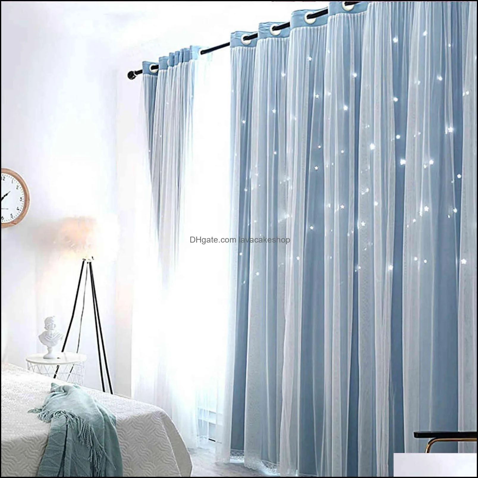 Hollow Star Thermal Insulated Blackout Curtains for Living Room Bedroom Window Curtain Blinds Stitched with white Voile 211103