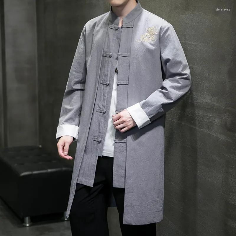 Men's Trench Coats Plus Size 5XL Men Loose Vintage Cotton Linen Coat Cardigan Kimono Male Long Chinese Style Black Windbreaker Viol22