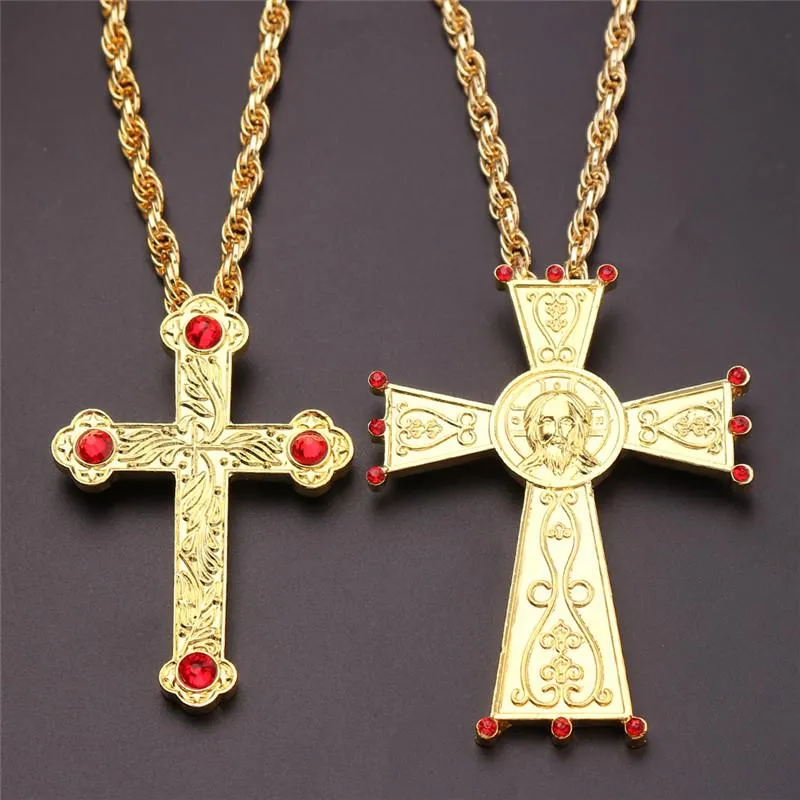 Ketten Hip Hop Mode Kreuz Antik Gold Farbe Anhänger Mädchen Lange Kette Halsketten Schmuck Für Männer Kristall Halskette WholesaleChains