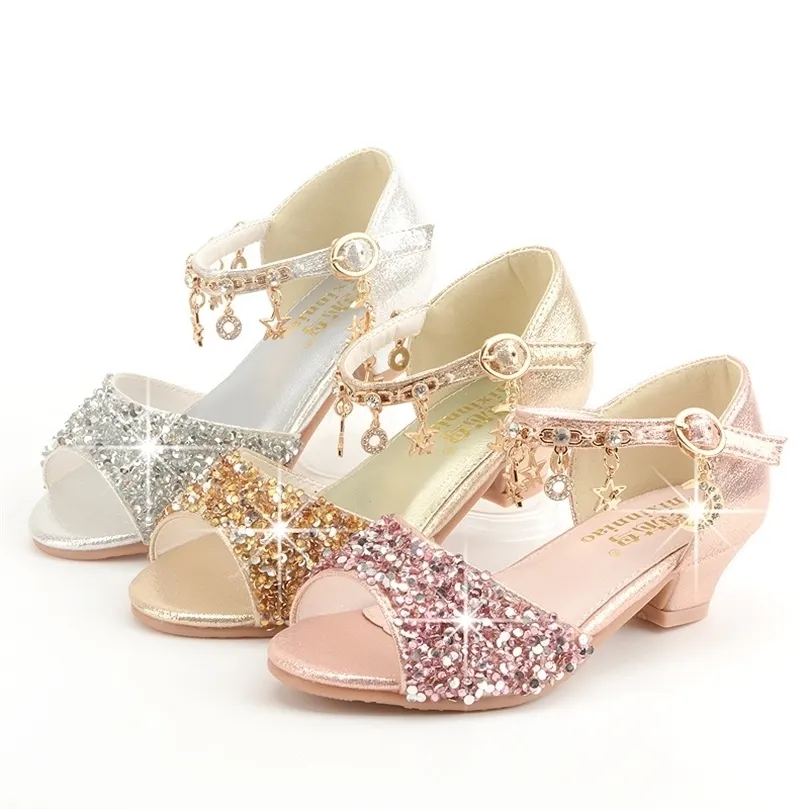 Girls Sandals Children Crystal Shoes Summer Kids Glitter High Heels Sequined rhinestones Pendants Open Toes Princess 220525
