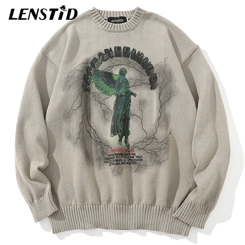 Lenstid män hiphop stickade jumper tröjor ängel blixt tryckt streetwear harajuku höst överdimensionerad hipster casual trulla 220812