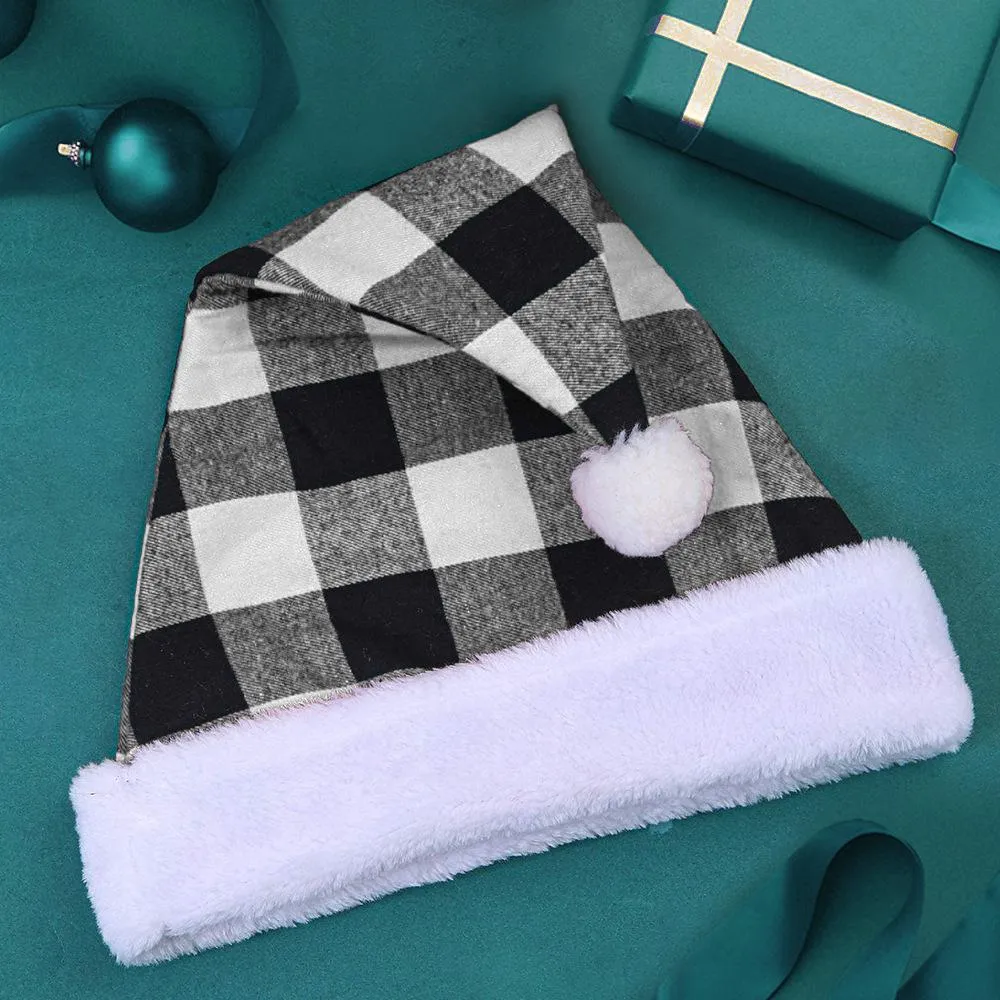 Pom Santa Hat Christmas Plaid Plush Hat Christmas Party Dress Up Decoration Santa Cap Gift Adult DH8580