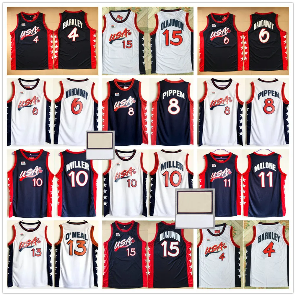 Benutzerdefinierte XS-6XL Classic Retro 1996 USA Dream Team Basketball-Trikots Benutzerdefinierte Hakeem Olajuwon Penny Hardaway Charles Barkley Reggie Miller Scottie Pippen Grant Hill