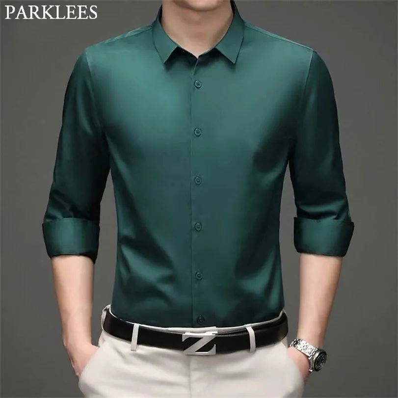 Green Mens Dress Shirts Märke SuperFine Långärmad Män Slim Fit Elastic Andningsbar Non-Iron Quality Male 220324