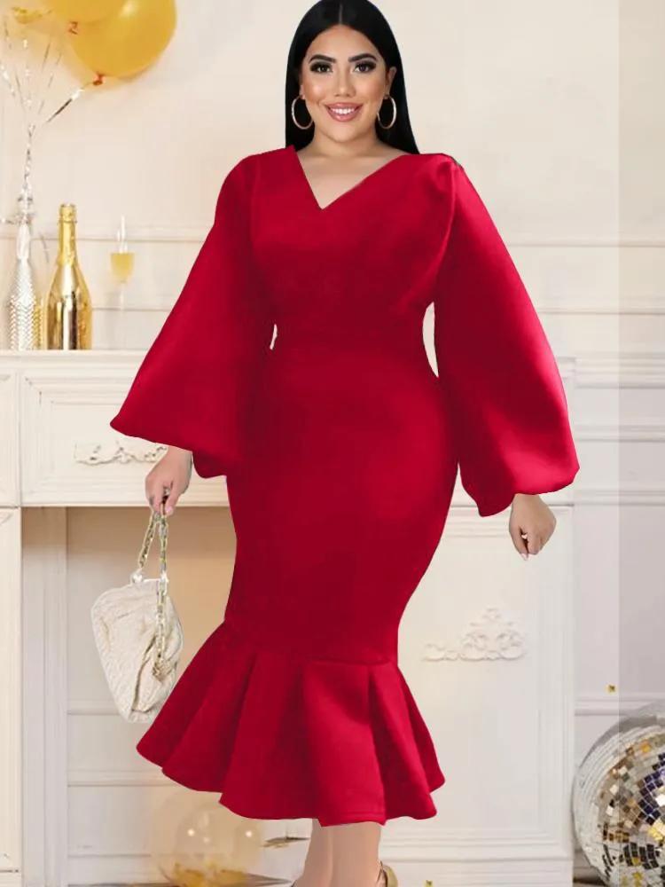 Plus Size Dresses V Neck Long Lantern Sleeve Bodycon Ruffles Midi Length Office Lady Evening Party Dress Autumn Fashion 2022 3XL