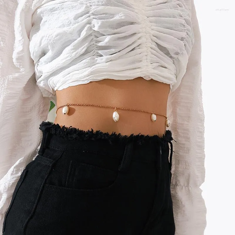 Belts Simple Women's Gold Chain Belt Sexy Immitation Pearl Body Chains Fashion Summer Belly Hip Hop Metal Bikini Beach ChainBelts Smal22