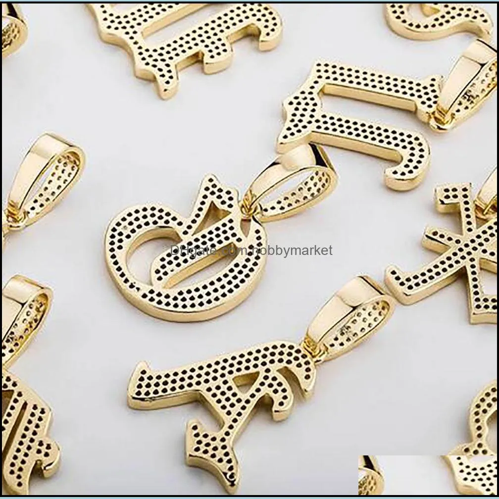 Iced Out A-Z Old Style Writing Letters Pendant Necklace Ancient Letter Charm with 24inch Rope Necklaces Zirconia Hiphop Jewelry