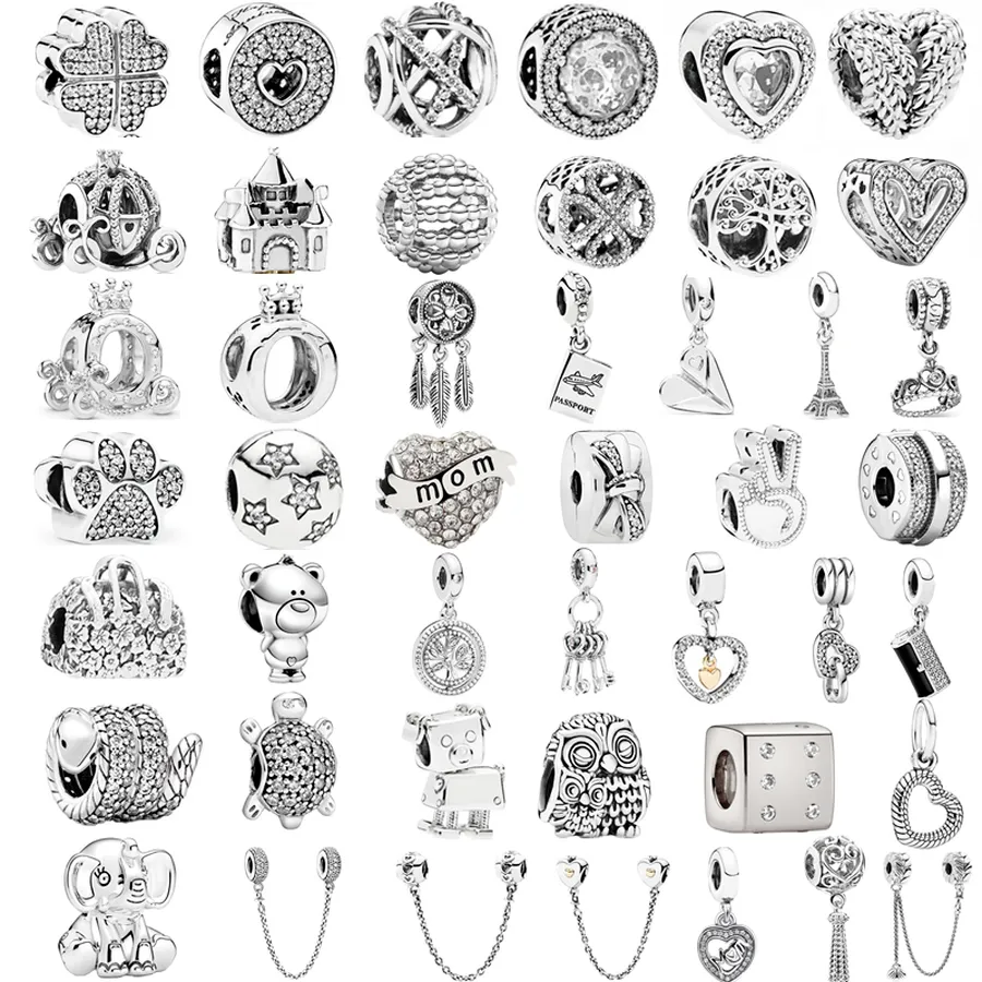 925 Ayar Gümüş Dangle Charm Yeni Gümüş Renk Tüy Taç Güvenlik Zinciri Baykuş Aşk Boncuk Fit Pandora Charms Bilezik DIY Takı Aksesuarları