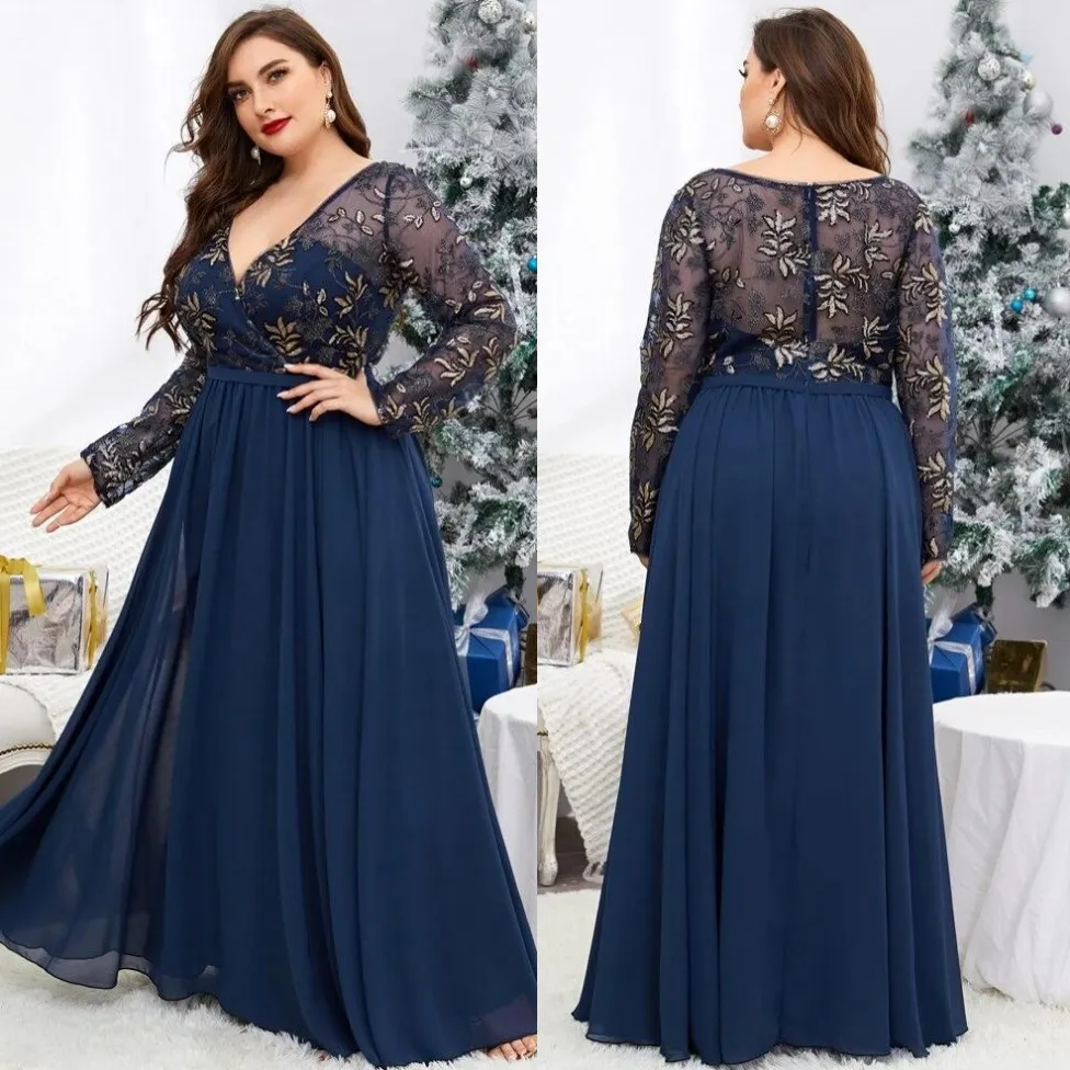 Marineblauw kanten plus size prom -jurken voor speciale gelegenheid a lijn v nek avondjurken lange mouwen vloer lengte chiffon formele jurk