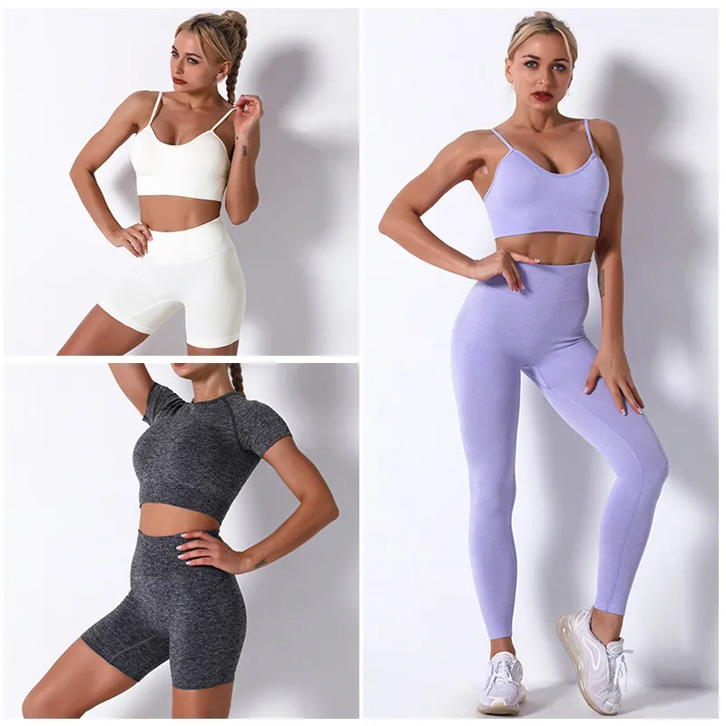 Sömlös yoga set kvinnor rosa sportkläder gymkläder fitnesskläder bh hög midja leggings shorts kostym 220616