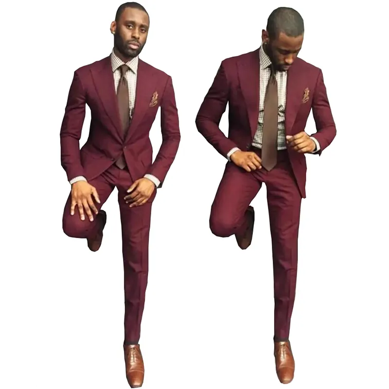 Eleganckie Burgundy Slim Fit Groom Tuxedos Suits Wedding Suits Niestandardowe drużbowie PROM PROMET PRYPUNKI KURANE PNTOWE PLUSE218F