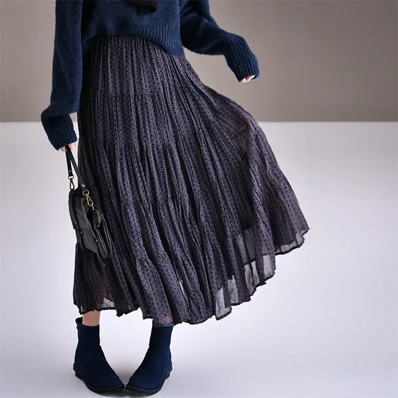 MICOCO Q2530 Korean version of foreign gas broken flower chiffon pleated skirt temperament elastic waist qiu dong female 220401