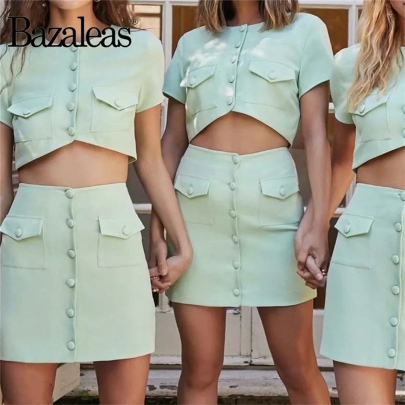 Bazaleas Slim Mulheres Suje Moda Moman Women Women Harajuku Pockets Crop Crop Top e Mini Shaia Vintage Green Duas peças Conjunto T200903