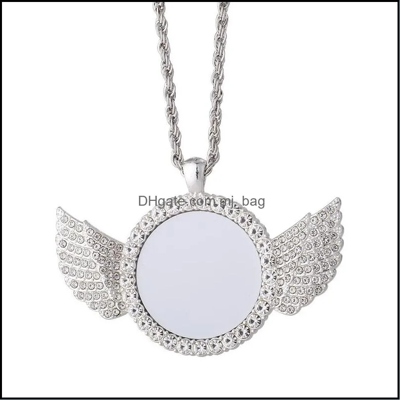 party favor sublimation necklace blank angel wings heat transfer metal pendant diamond necklace