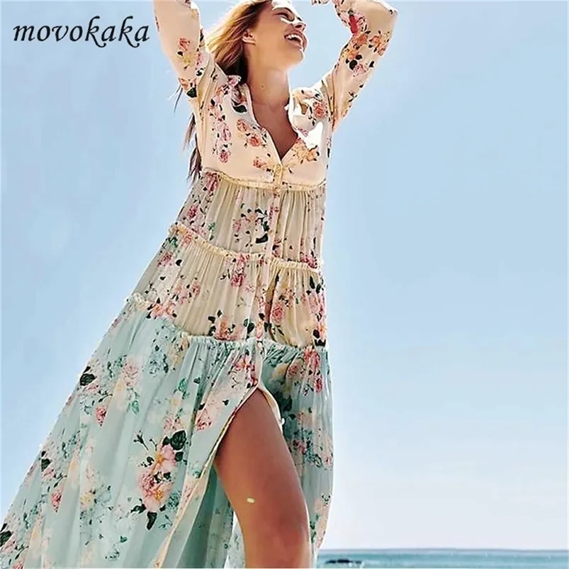 MOVOKAKA BOHO Kwiatowa sukienka Kobiety długi rękaw Sping Summer Beach Maxi Sukienka Elegancka sukienki plus size imprezowa sukienka dla kobiet przycisk LJ200818