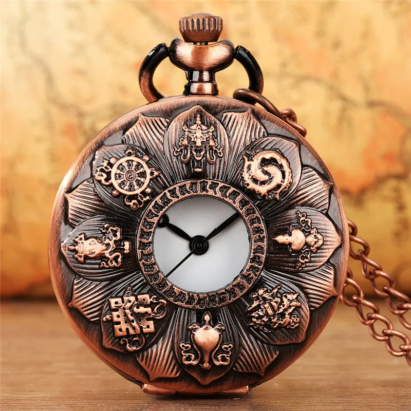 Steampunk Watches Red Copper Flower Cover Men Women Quartz Analog Pocket Watch with Necklace Chain Arabic Number Display