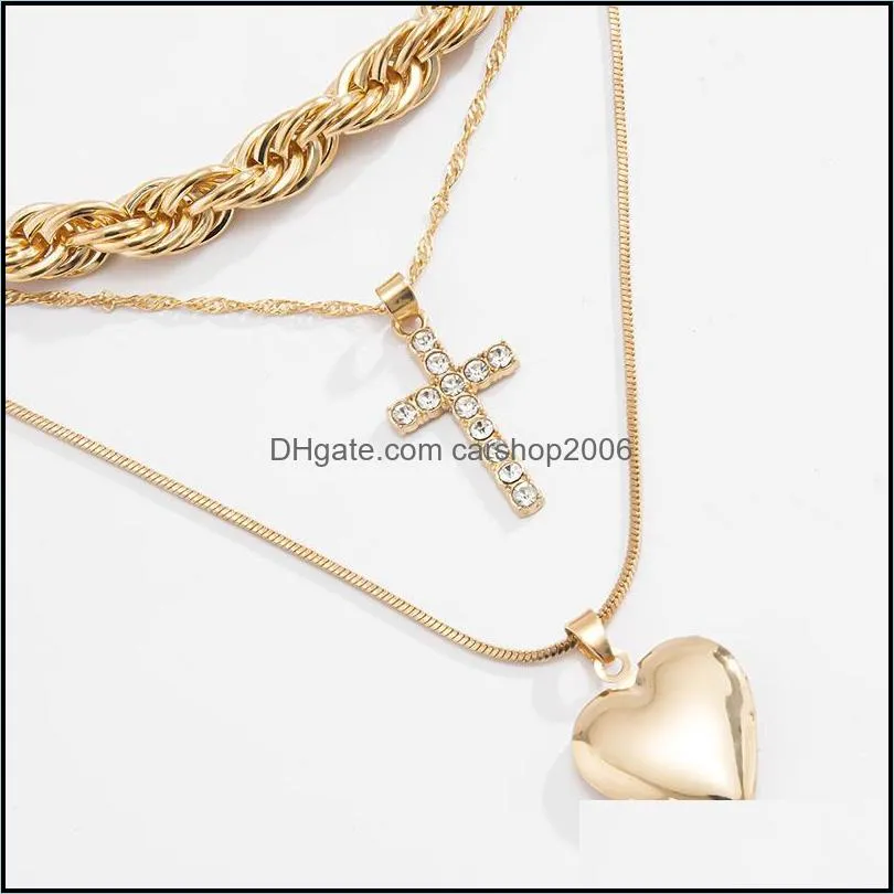 Punk Design Diamond Cross Pendant Necklace Exaggerated Twist Chain Heart-Pendant Fashion Simple Combination Clavicle Chain Combination Necklace Jewelry