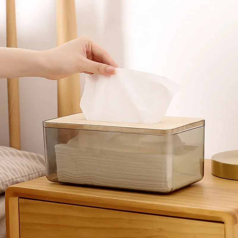 Bambu träskydd plastvävnadslådor transparent pappershållare dispenser hemvävnader lagringslåda bb-242