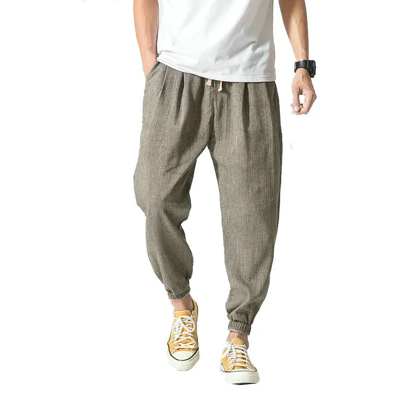 Summer bawełniany lniana harem męskie spodnie w stylu chiński joggery mężczyźni swobodni lekkie mąki mąki mąki dresowe spustki 220816