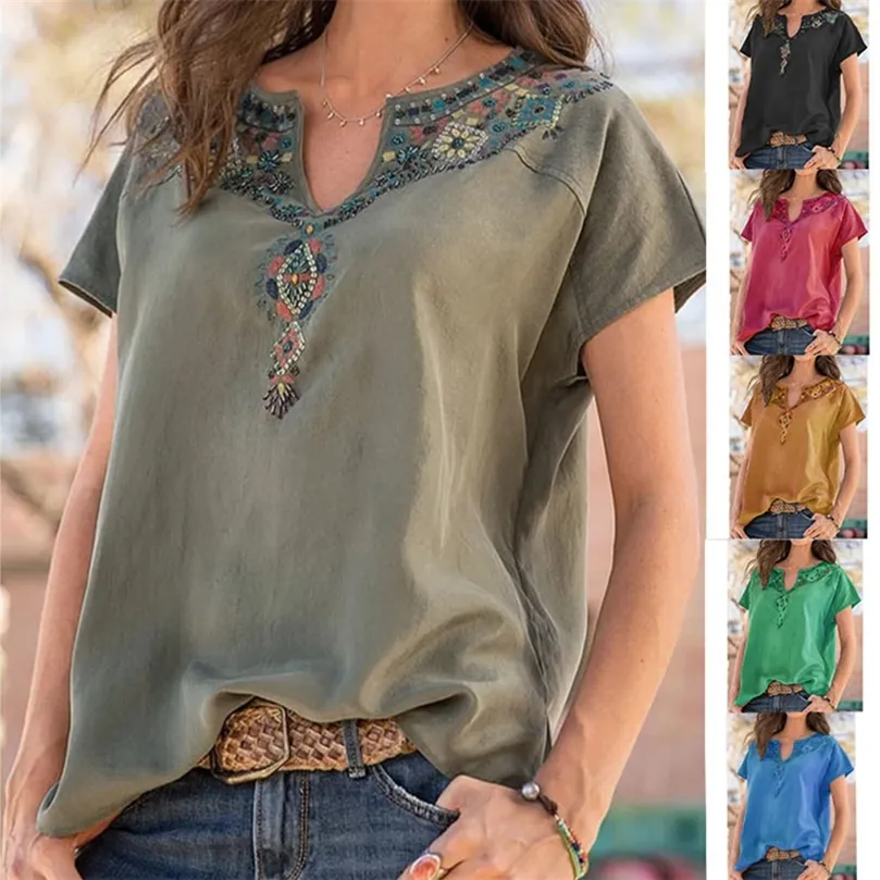 Summer Fashion Retro Western Ethnic Style Top Sexy V-Neck Casual Print Stitching Short-Sleeved Plus Size Loose T-Shirt 220511