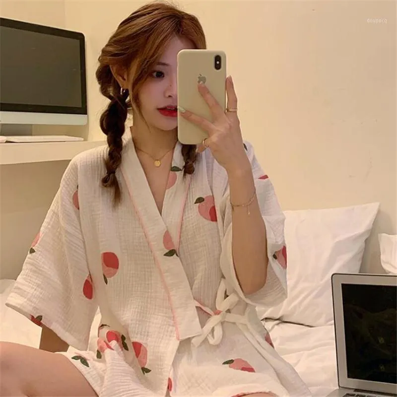 Etniska kläder 2022 Söt honung persika tryckt enkel kimono för kvinnor japansk stil högkvalitativ v-ringning snörning pyjamas