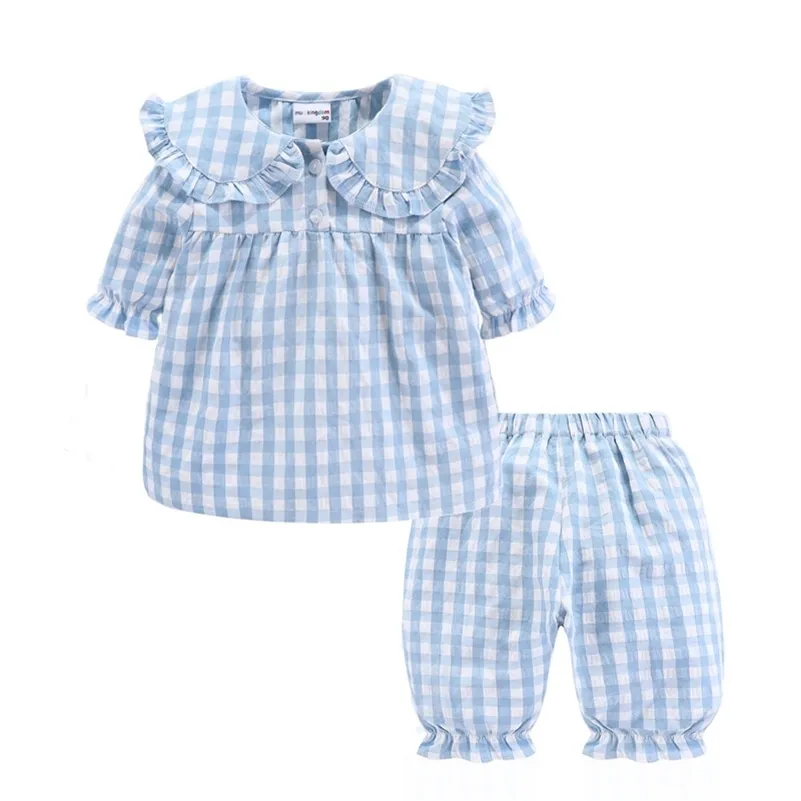 Девочки для спальной одежды наборы клетчаткой рисунок повседневный стиль детские домашние одежды костюмы с коротким рукавом и брюки 2pcs пижамы для детей 220706