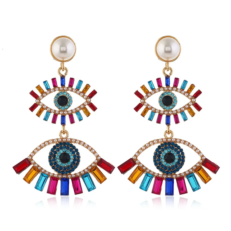 Mode Evil Eyes Dangle Oorbellen Voor Vrouwen Meisjes Overdreven Designer Kleurrijke Crystal Rhinestone Pearl Verklaring Drop Earring Party Sieraden Groothandel