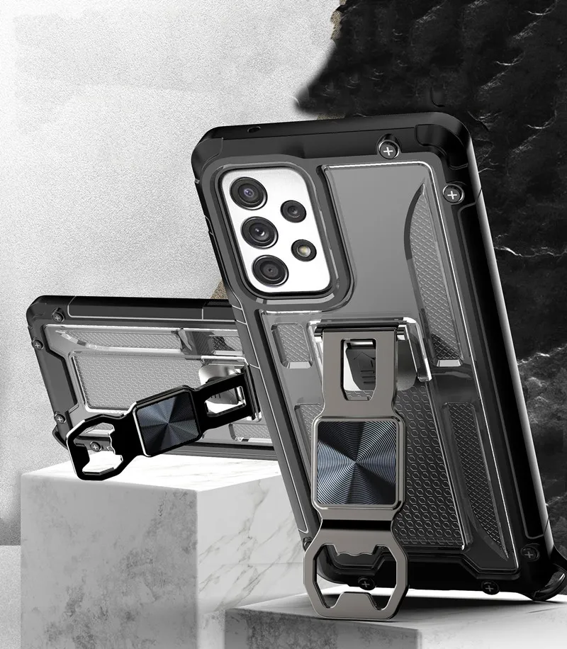 Casos de telefone para abridor de garrafas Magnetic Kickstand Back Capa Armadura Protetor de suporte do carro para Samsung Note20 S22 Ultra S21 S20 FE S30 A03S A12 A32 A42 A52 5G 2022