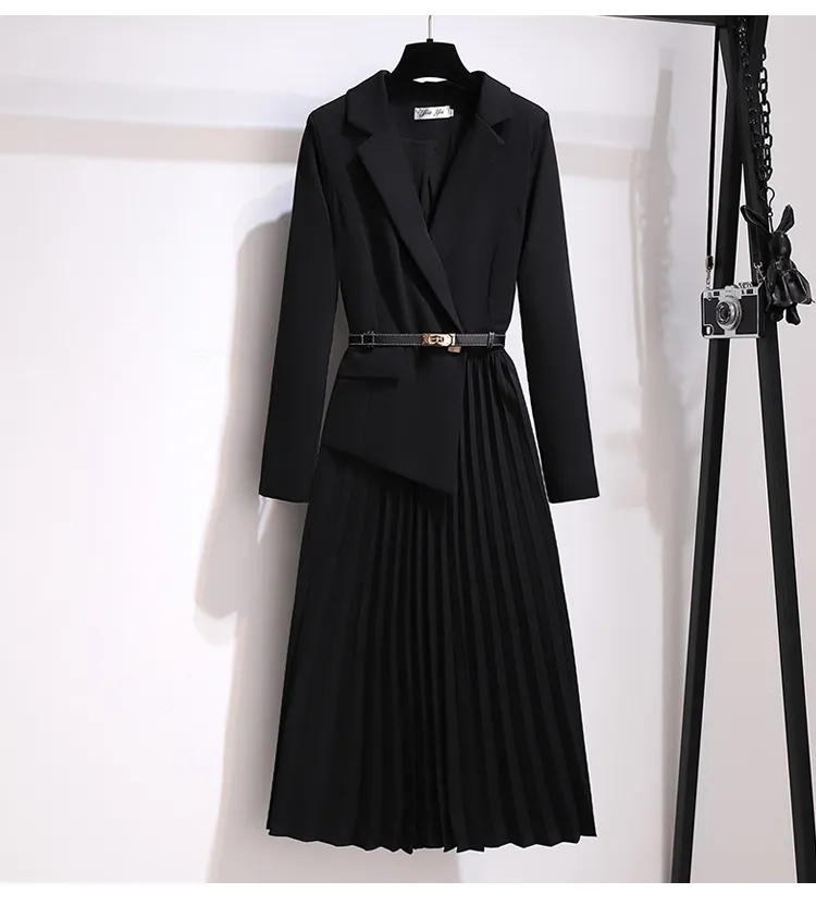 Vintage Pleated Belt Patchwork One Piece Blazer Dress Sexy Dress Office Ladies Long Sleeve Notched Female Autumn Midi Vestido Dresses For Woman Elegant 6358