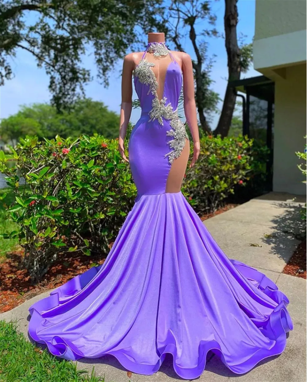 Purple Halter Prom Dresses For Black Girls Mermiad Gown Sexy Top Plus Size Formal Birthday Gowns Beaded Satin Abends