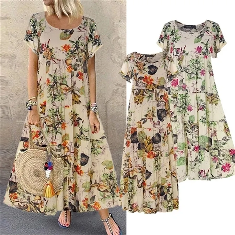 Vintage Floral Long Dres Summer Elegant linnen korte mouw boho maxi jurk vrouwelijke vakantie sundress feestjurken vestidos 220708