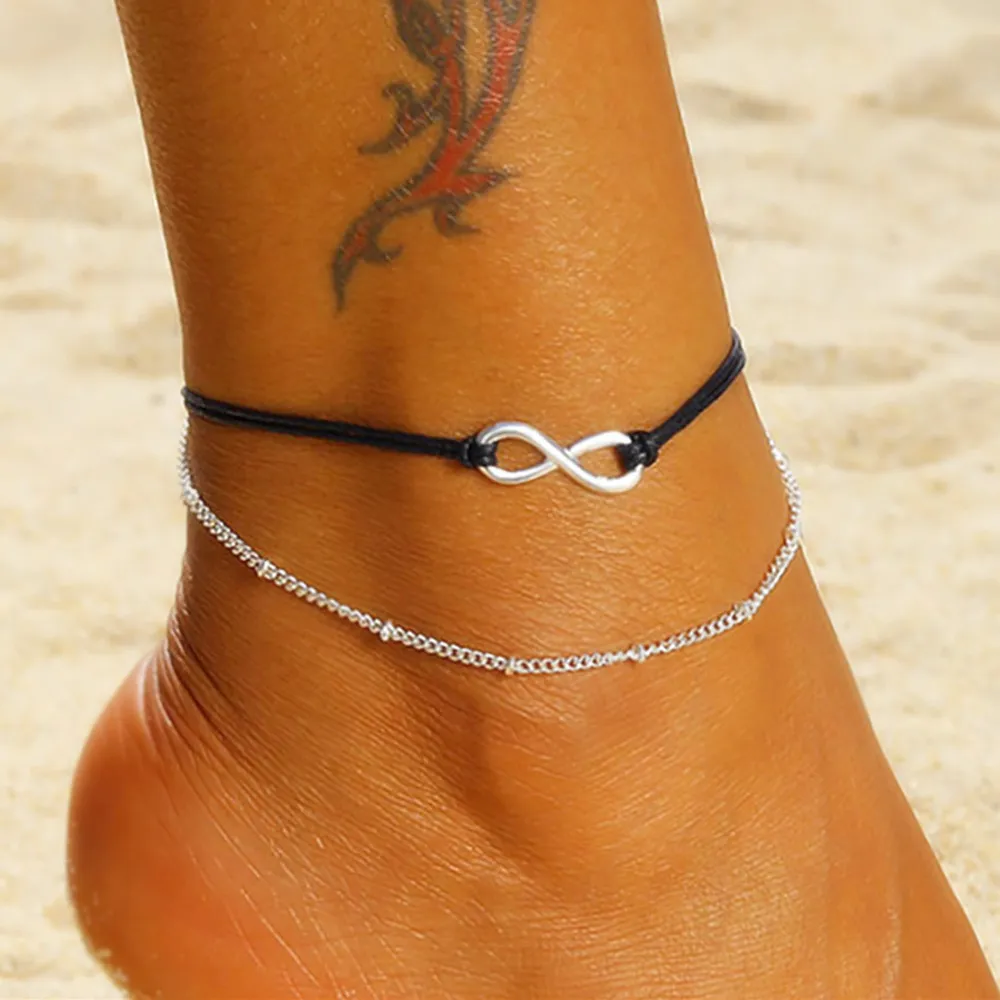 Prosty srebrny kolor kostki Infinity Bead Charm Anklet Summer Beach Foot Biżuteria Moda Bransoletka kostki dla kobiet