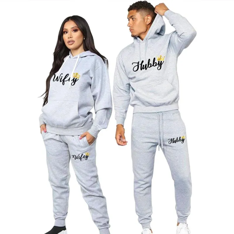 Men's Tracksuits Couple Sportwear Set Hubby Wifey Print Lovers Clothes Fleece Suit Men Hoodie And Pants 2 Pieces Hoodies Women's Tracksu