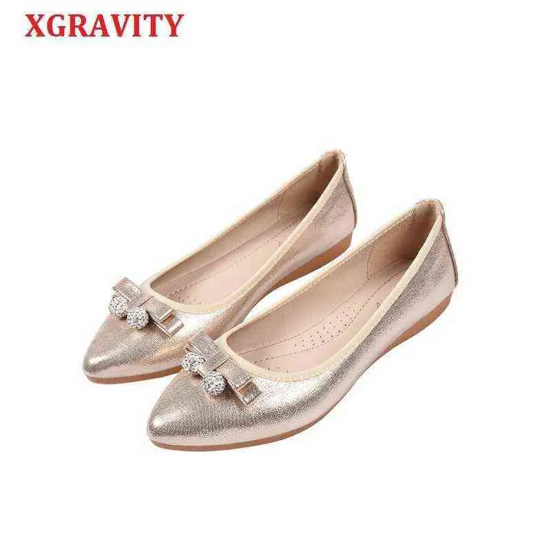 Отсуть обувь Xgravity Жемчужный дизайн плоский балет -лук бабочка кнопка Женщины, спроектированные девочка цветок, Golden Loafer A137 220715