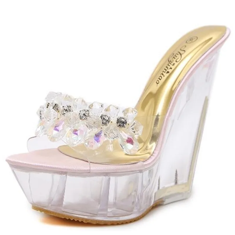 Scarpe da donna Pantofole con tacco alto 14 cm Diamanti Cristallo Scivolo Impermeabile Fondo antiscivolo Sandali sexy femminili estivi Y200423 GAI GAI GAI