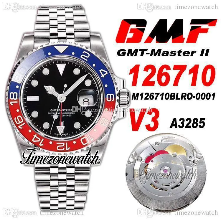 GMF V3 GMT II 126710 A3285 Automatisch herenhorloge Pepsi Rood Blauw Keramiek Bezel Zwarte wijzerplaat 904L Jubilee Stalen armband Garantiekaart Super Edition Timezonewatch R10