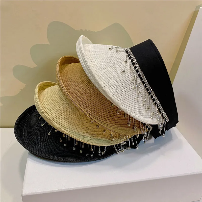 Solid Color Empty Top Hats Crystal Pendant Designers Caps Portable Crimped Beach Hat