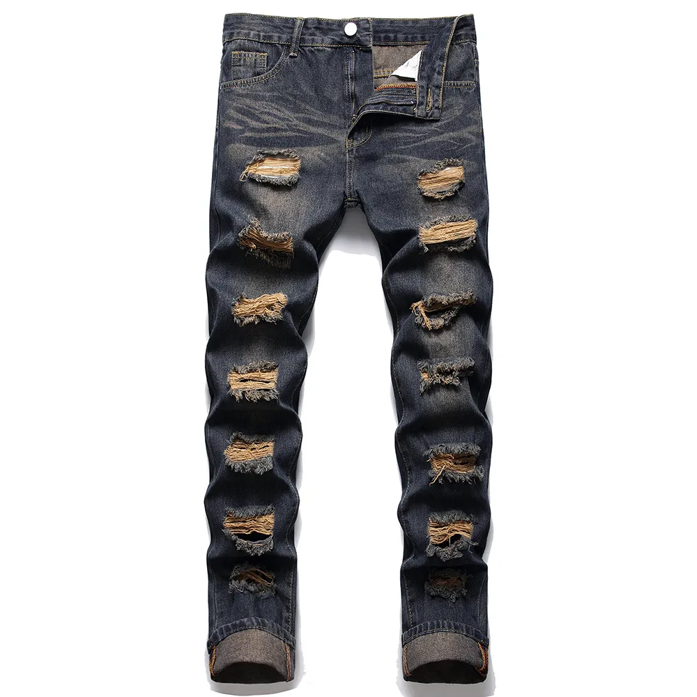 Men Purple Tie and Dye Holes Ripped Jeans Trendy Stretch Denim Slim  Straight Pants Trousers