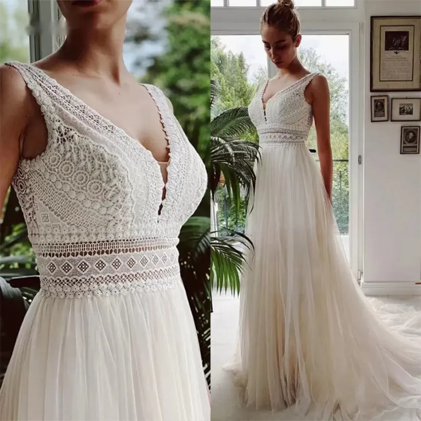 Boho Beach Boho chic wedding dress 2022 - V Neck Lace, Backless, Elegant Tulle, Sexy Bridal Gown Boho Beach Boho chic wedding dress 2022 - V Neck Lace, Backless, Elegant Tulle, Sexy Bridal Gown