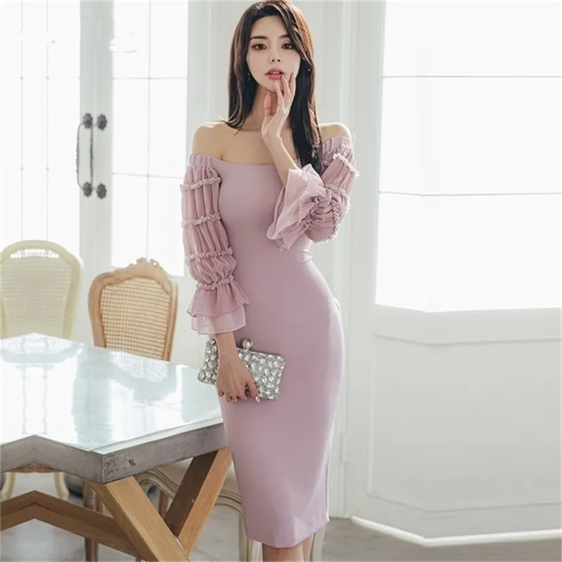 arrival women vintage off shoulder dress casual comfortable elegant high quality backless pink sexy pencil 210603