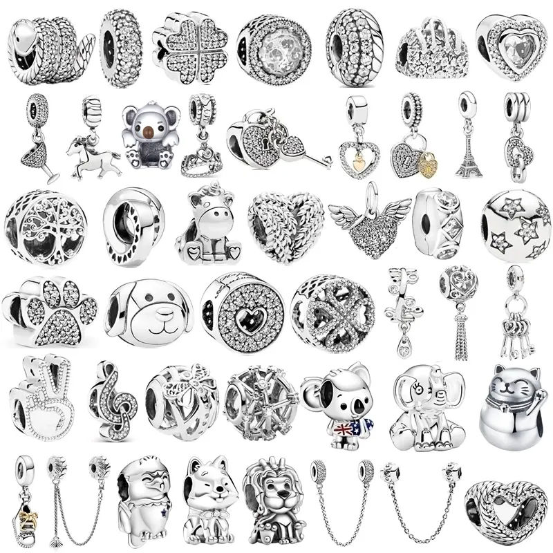 Silver Color Lucky Cat Lion Safety Chain Crown Beads Fit Pandora Charms Bracelet DIY Jewelry