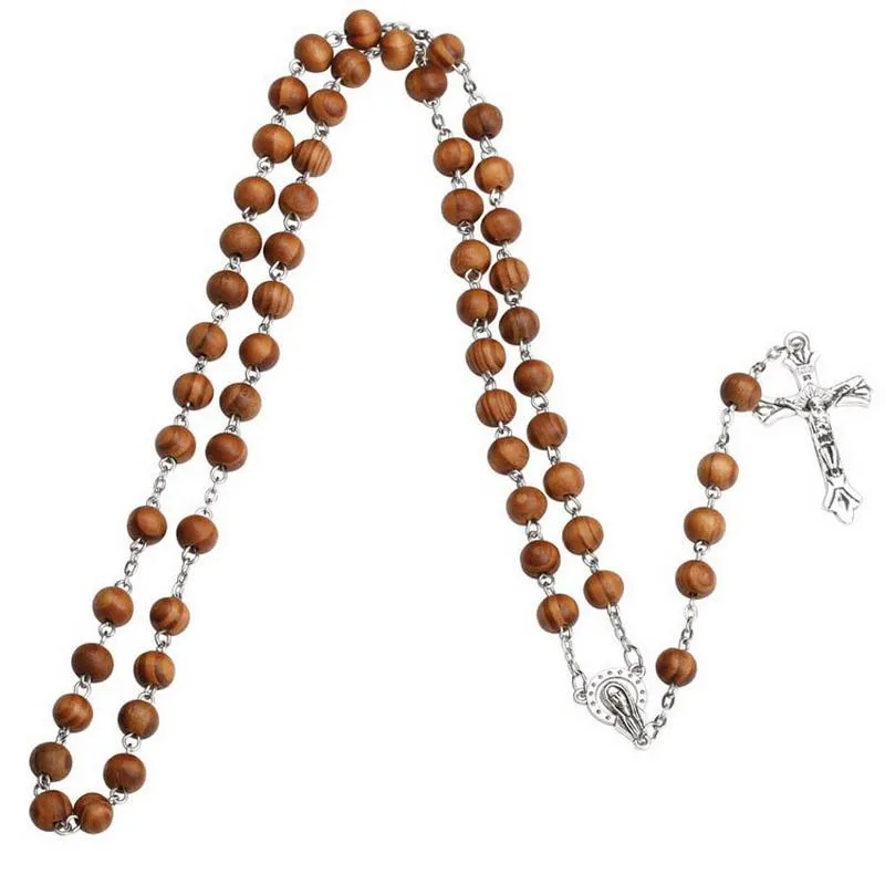 Collane con ciondolo 12 pezzi Rosario di alta qualità Perline di legno Collana con croce di Gesù Vergine Maria Catena lunga per donne Uomini Preghiera Gioielli cattolici