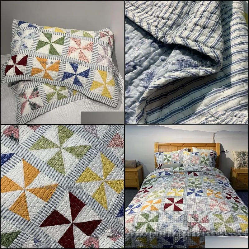 Pure cotton fabric, high-end quilted quilt, washed printed windmill handmade patchwork quilt, three-piece bedding wholesale