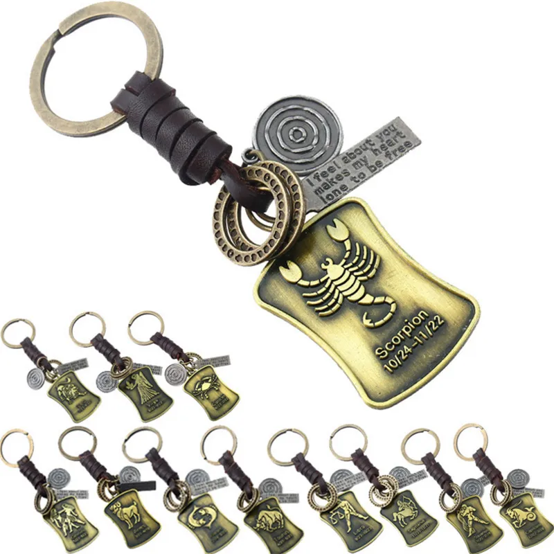 12 Constellation Vintage Braided Leather Keychain Cross-border Supply Alloy Key Pendant Pendant