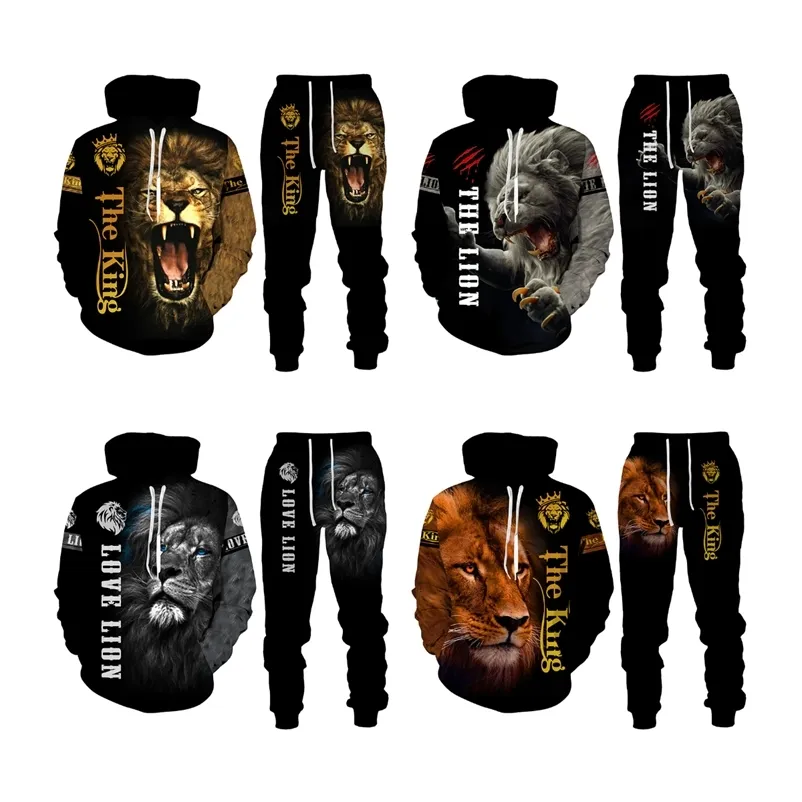 Lion King 3D Printed Men Sweatshirt Hoodies مجموعة من الرجال Tiger Tracksuit/Pullover/Jacket/Pants Sports Supumn Suit 220726