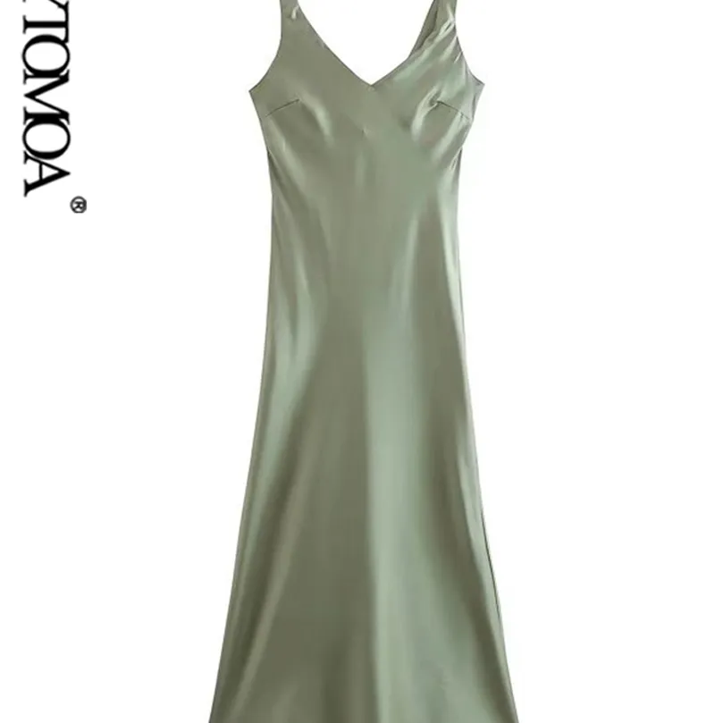Vrouwen mode satijn camisole midi jurk vintage v nek brede elastische riemen vrouwelijke jurken vestidos mujer 220526